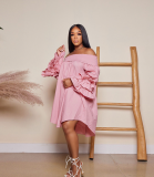 Summer Solid Off Shoulder Ruffled Long Sleeve Loose Casual Dress