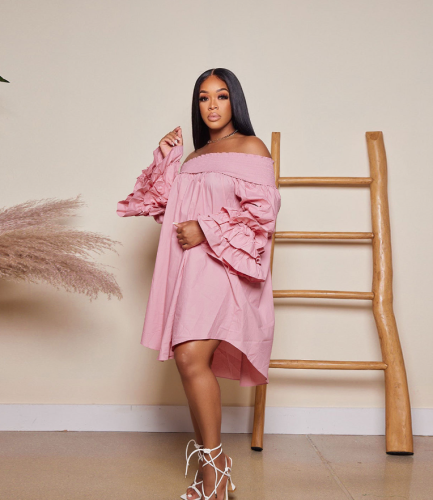 Summer Solid Off Shoulder Ruffled Long Sleeve Loose Casual Dress