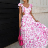 Women Summer Pad Shoulder Print Elegant Hollow Maxi Dress