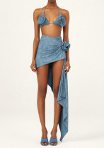 Women Flower One Shoulder Hollow Denim One-Piece Swimwear