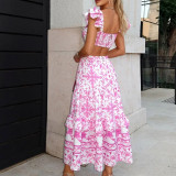Women Summer Pad Shoulder Print Elegant Hollow Maxi Dress