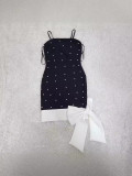 Women Sexy Strap Beaded White Bow Bandage Dress