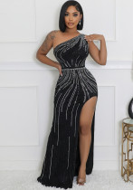 Women Elastic Beaded Sleeveless Slash Shoulder Slit Bodycon Dress Women Elastic Beaded Sleeveless Slash Shoulder Slit Bodycon Dress