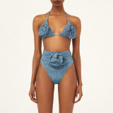 Women Flower One Shoulder Hollow Denim One-Piece Swimwear