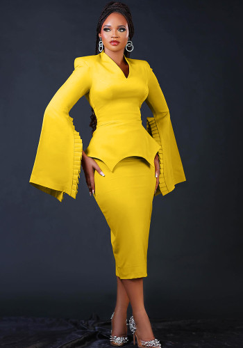 Women Solid Pleated Swing Sleeve V-Neck Dress