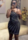 Women Sexy Beaded Patchwork See-Through One-Shoulder Sleeveless Elastic Bodycon Dress