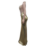 Fashionable women's rhinestone beaded see-through mesh patchwork high slit dress