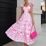 Women Summer Pad Shoulder Print Elegant Hollow Maxi Dress