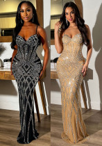 Women Beaded Suspender Elastic Bodycon Maxi Dress Women Beaded Suspender Elastic Bodycon Maxi Dress