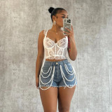 Summer Women Street Pearl Rhinestone Denim Shorts