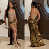 Fashionable women's rhinestone beaded see-through mesh patchwork high slit dress