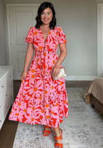 Women V-neck Sexy Hollow Lace Bubble Short Sleeve Lace Print Maxi Dress