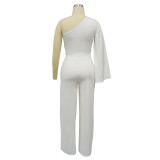 Women Casual Solid One-Shoulder Pleated Top and Pant Two-Piece Set