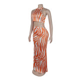 Women Striped Crop Top and Long Skirt Two Piece Set