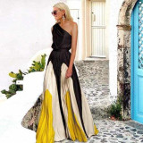 Women Contrast Patchwork Off-Shoulder Print Maxi Dress