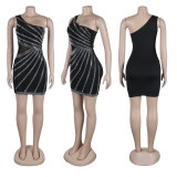 Women Sexy Beaded Patchwork See-Through One-Shoulder Sleeveless Elastic Bodycon Dress