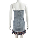 Women's Strapless Sexy Contrast Plaid Patchwork Stretch Denim Dress