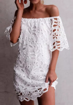 Spring Summer Solid Color Lace Half-Sleeve Off Shoulder Fashion Casual Dress Spring Summer Solid Color Lace Half-Sleeve Off Shoulder Fashion Casual Dress