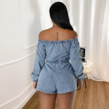 Sexy Off Shoulder Long Sleeve Elastic Waist Women's Pocket Denim Jumpsuit