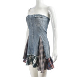 Women's Strapless Sexy Contrast Plaid Patchwork Stretch Denim Dress