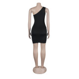 Women Sexy Beaded Patchwork See-Through One-Shoulder Sleeveless Elastic Bodycon Dress