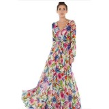 Summer Lantern Sleeve Sexy Deep V Neck Leaf Print Long Dress