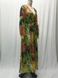 Summer Lantern Sleeve Sexy Deep V Neck Leaf Print Long Dress