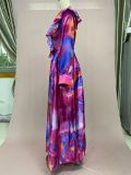 Spring Summer Print Mesh V-Neck Long Dress Plus Size Women's Dress