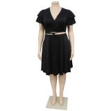 Women's Ruffle Sleeve Lace-Up V-Neck Top Loose Pocket Skirt Plus Size Two Piece Set