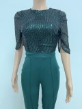 Women's Fashion Sequins Half Sleeve Wide-Leg Chic Ladies Jumpsuit