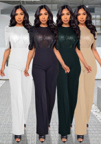 Women's Fashion Sequins Half Sleeve Wide-Leg Chic Ladies Jumpsuit