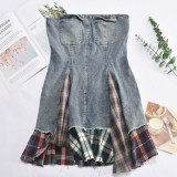 Women's Strapless Sexy Contrast Plaid Patchwork Stretch Denim Dress