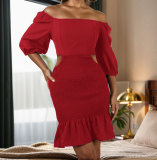 Solid Color Cutout Off Shoulder Bodycon Dress