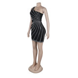 Women Sexy Beaded Patchwork See-Through One-Shoulder Sleeveless Elastic Bodycon Dress