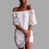 Spring Summer Solid Color Lace Half-Sleeve Off Shoulder Fashion Casual Dress