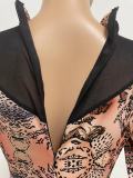 Women's Long-Sleeved Print See-Through Mesh Patchwork Slim Ladies Jumpsuit