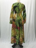 Summer Lantern Sleeve Sexy Deep V Neck Leaf Print Long Dress