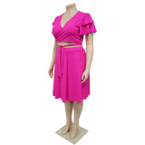 Women's Ruffle Sleeve Lace-Up V-Neck Top Loose Pocket Skirt Plus Size Two Piece Set