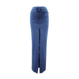 Summer Solid Color Slim Flower Split Long Skirt