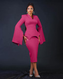 Women Solid Pleated Swing Sleeve V-Neck Dress