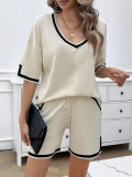 Spring And Summer Women's Casual Loose V Neck Sweater Shorts Set
