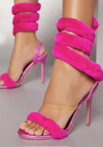 Plus Size Furry One-Piece High Heels Women's Shoes Winding Snake-Shaped Square Toe Stiletto Sandals