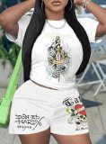 Women's Spring And Summer Printed Short-Sleeved Sports Two-Piece Shorts Set