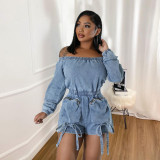 Sexy Off Shoulder Long Sleeve Elastic Waist Women's Pocket Denim Jumpsuit