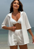 Solid Color Beach Sunscreen Mesh Shirt Shorts Four-Piece Swimsuit