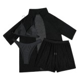 Solid Color Beach Sunscreen Mesh Shirt Shorts Four-Piece Swimsuit