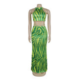 Women Striped Crop Top and Long Skirt Two Piece Set