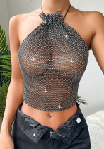 Women's Diamond Halter Neck Beach Holiday Rhinestone Fishnet Low Back Top