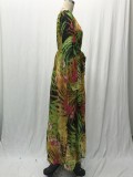 Summer Lantern Sleeve Sexy Deep V Neck Leaf Print Long Dress