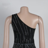 Women Elastic Beaded Sleeveless Slash Shoulder Slit Bodycon Dress